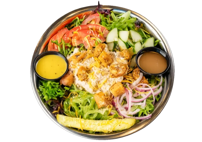 Pacific Blue tuna SALAD with tuna salad, spring mix, tomatoes, green bell peppers, and onion.