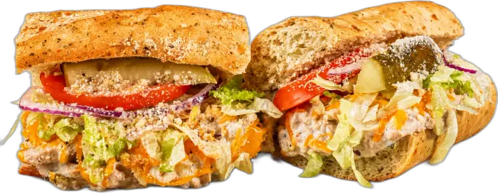 Pacific Blue Tuna Melt toasted sub with handcrafted tuna salad, cheddar, lettuce, tomato, and onion.