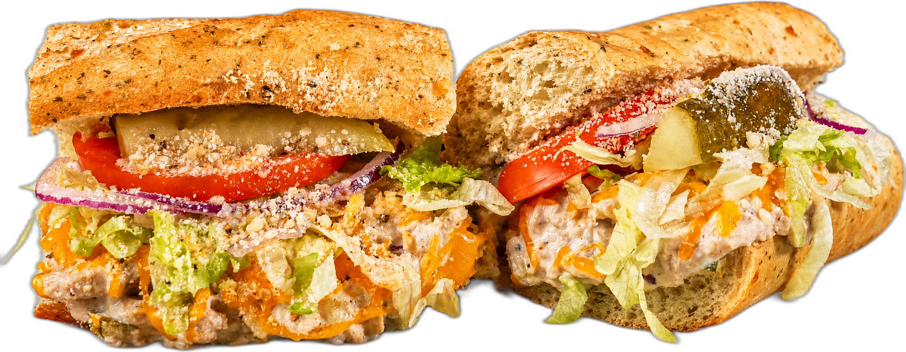 Pacific Blue Tuna Melt toasted sub with handcrafted tuna salad, cheddar, lettuce, tomato, and onion.
