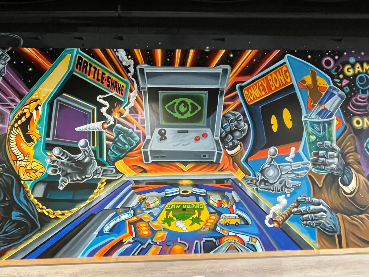 A mural of a mechanical bull ready to charge