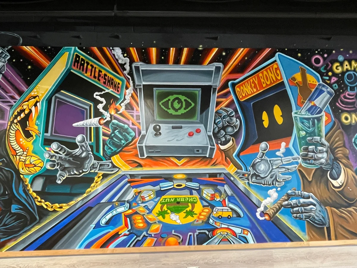 A mural of a mechanical bull ready to charge