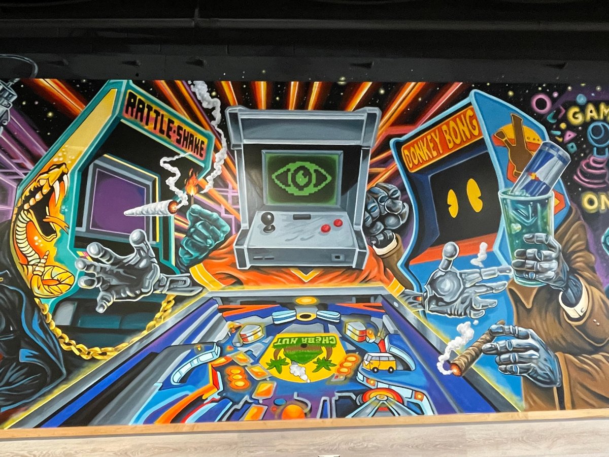 A mural of a mechanical bull ready to charge