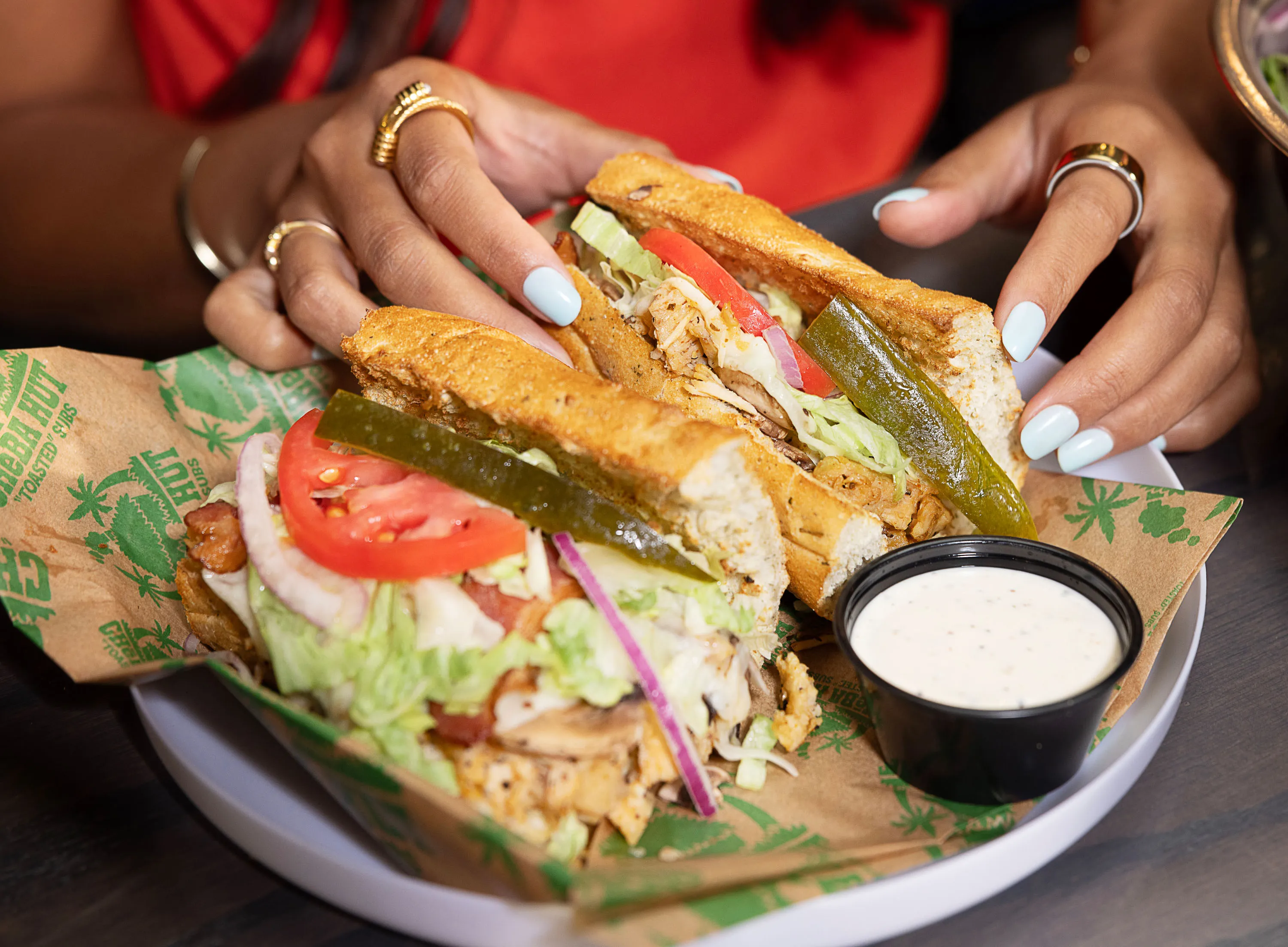 Person holding a toasted Cheba Hut sub beside DJ turntables